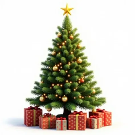 Highly detailed Christmas tree, Pixar-style, vibrant green with realistic textured needles, decorated with shimmering red and gold ornaments, delicate glowing fairy lights wrapping around the branches, a radiant golden star at the top, several perfectly wr...