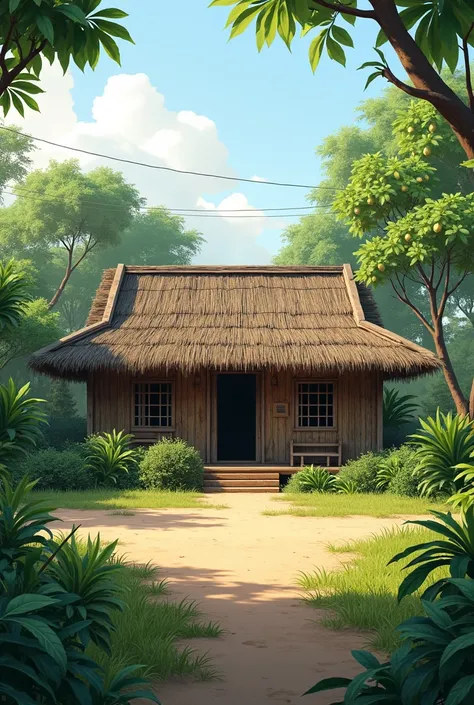 Create an image of a traditional southern Vietnamese house with a thatched roof, located in the front yard of the property. The house has a rustic, simple design with wooden walls, and a weathered thatched roof. The front yard is spacious and surrounded by...