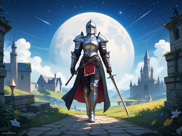 make me a pc wallpaper that is dark in color , and has a knight in it wearing black armour .The wallpaper should have somewhere written in the background "Dark Knight".The knight should be in dark armour and somewhere not prominent in the scenery .the time...