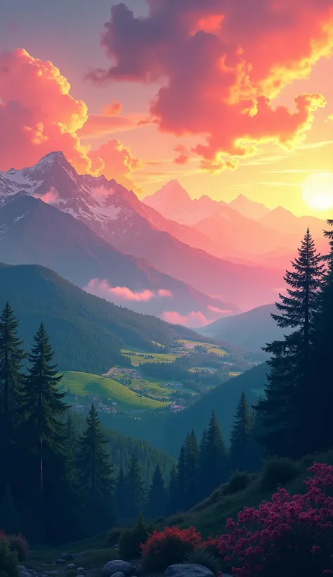  illustration, vales, forests, clouds, sunset, mountains, Vibrant sky 