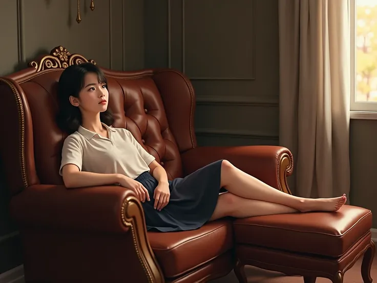 Create a picture of a Thai female student with her legs draped over a footrest, her arms on a sofa, and her legs sitting on a leather sofa throne.