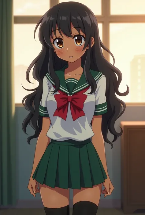 Screenshot of Saiki Kusuo no Psi-nan anime. Girl with an hourglass figure, brown skin full of moles, thick lashes, long, softly wavy, black hair and dark brown eyes. wearing a school uniform, red bowtie, sailor collar, long sleeves, green skirt, thighs, bl...