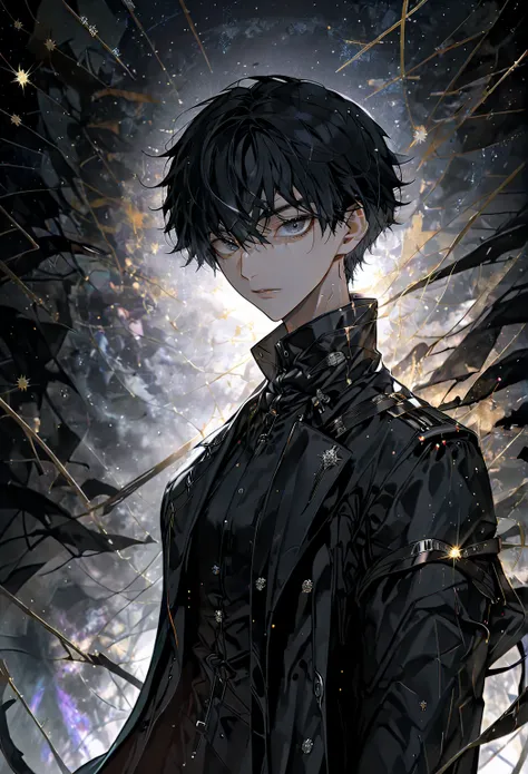 manhwa, 1 male, short black hair, grey eyes, black suit, black trench coat, chaotic background, starry skies, (best quality, 4k, highres, masterpiece:1.2), handsome, monarch, cold and emotionless expression, sharp angular features, imposing and regal prese...