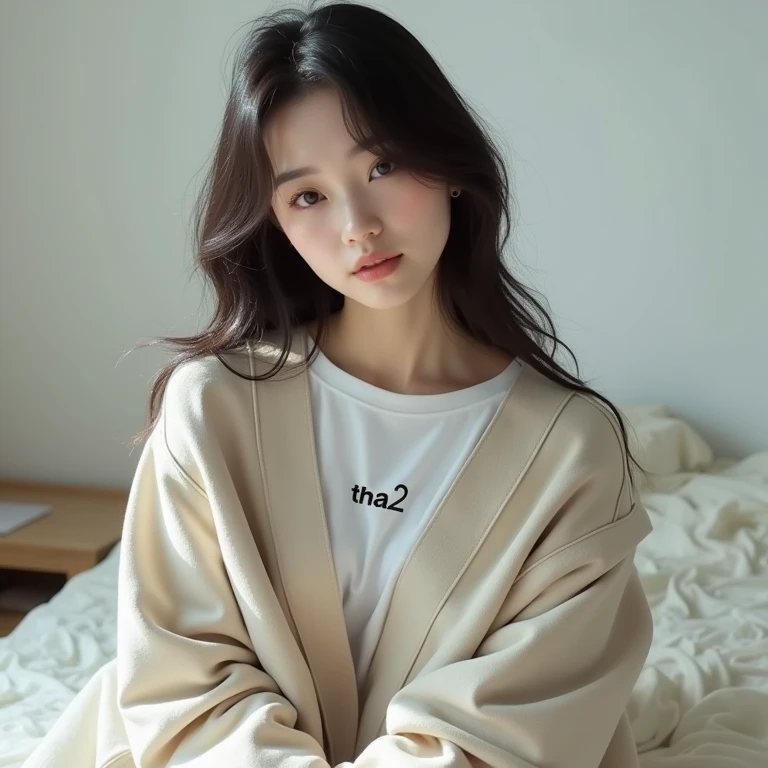 Beautiful sexy korean girl wearing a sweatshirt behind a shirt written by tha2