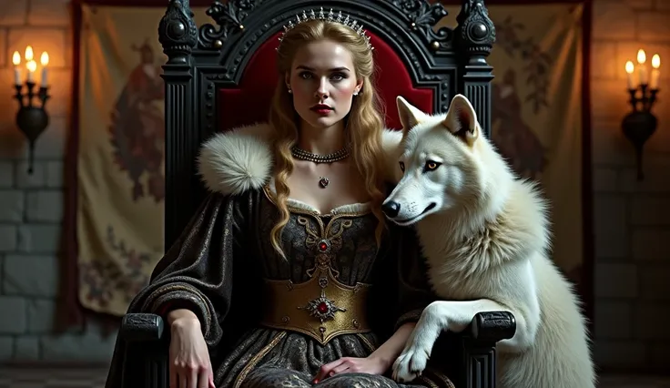 Photorealistic image of Elizabeth of France, Queen of England (The She-Wolf of France), age 25, seated on a majestic medieval throne in the 14th century. The throne room is dimly lit by flickering torches, casting eerie shadows that stretch across the ston...