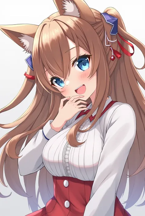 1 ,  long hair, breasts, blue eyes,  Brown Hair ,  animal ears ,  Fringe between the eyes,  Very long hair,  Slightly separated lips , toys, wolf ears, breasts grandes,  Teeth stuck,  red lips ,  seductive smile ,  Red hair ribbon , 