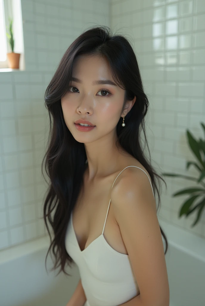 Reality photo of beautiful chinese girl in toilet