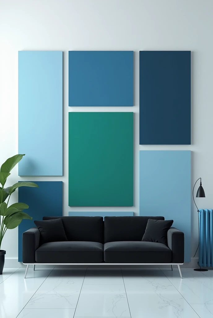 Create 9 acoustic panels 3x3 in different shades of blue and one green panel with black couch in front of it