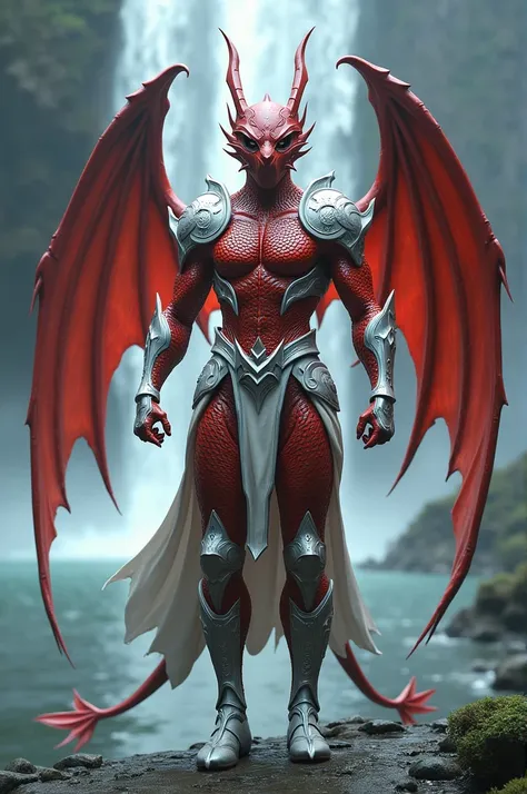  Create an image of a human character inspired by a dragon ,  with features such as sharp eyes and streamlined and aerodynamic coin-like armor ,  and the wings that extend from its back .  The character should have a dynamic and powerful posture ,  with a ...