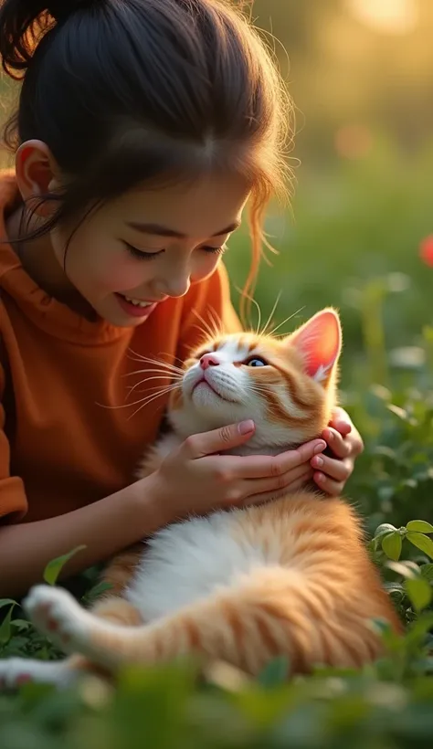 a person tenderly petting a cat, cat looks very content, detailed portrait, highly detailed, photorealistic, 8k, hyperrealistic, intricate feline anatomy, soft fur texture, gentle expression, warm lighting, rich color palette, beautiful depth of field, nat...