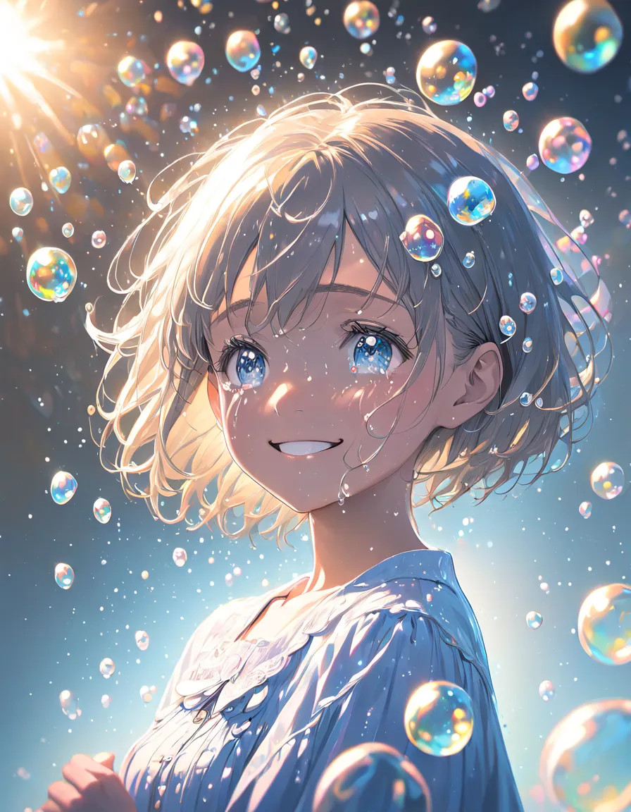 countless soap bubbles,girl with a tearful smile, crying,upper body close-up, dynamic angle,gentle light