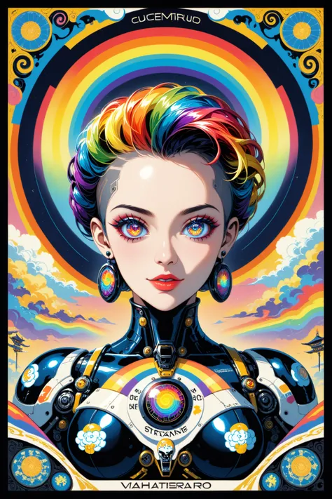 ((best quality)), ((masterpiece)), (detailed), perfect face of cyberpunk mecha japanese girl, neon rainbow eyes, metallic black body, rainbow hair, ((monochromatic neon rainbow color palette)), surreal, art nouveau, in the illustrative style of moebius, sp...