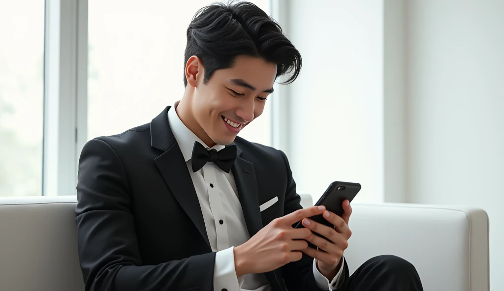  a 20-year-old man in a black tuxedo smiling and staring at his phone in the break room。The man has black hair and a slender figure 、Characterized by long, delicate fingers 。The break room is a white room 。