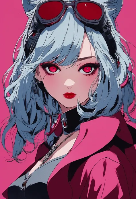  Pink Panther ,  light blue hair ,  girl,( Chainsaw Man ), Crimson Eyes. Dark red lips,  red eyeshadow