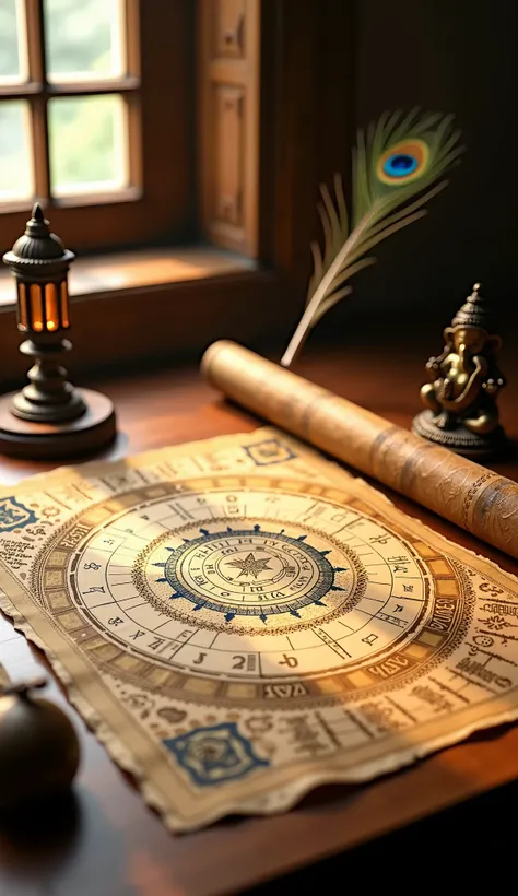 "A detailed and realistic image of a traditional Indian horoscope setup. A neatly arranged palm leaf manuscript or parchment with astrological symbols, zodiac signs, and planetary positions written in Tamil script. The setup is surrounded by a wooden desk ...