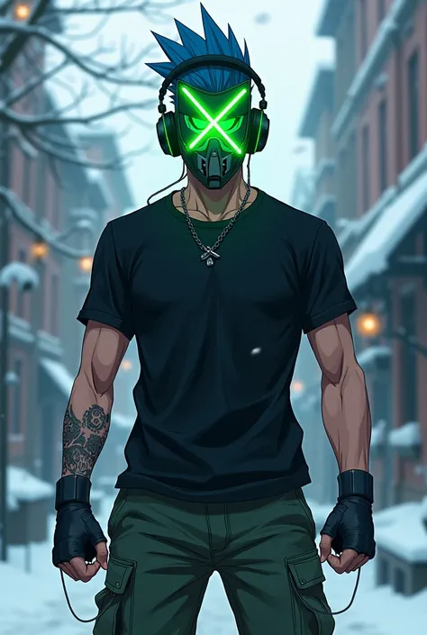 Make a anime styled character with green LED purge mask which has X shaped eyes with no stitched mouth, Black T-shirt, an army pant, blue spiked hair with headphones cracking his knuckles and tall while being covered in snow in cristmas season