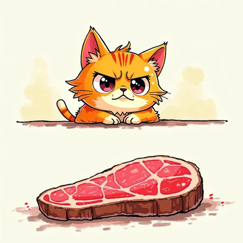 Chibi Style, drawn with crayons, Two-panel comic strip,Cat staring at steak with a grim face , Steak is lean meat with salt and pepper