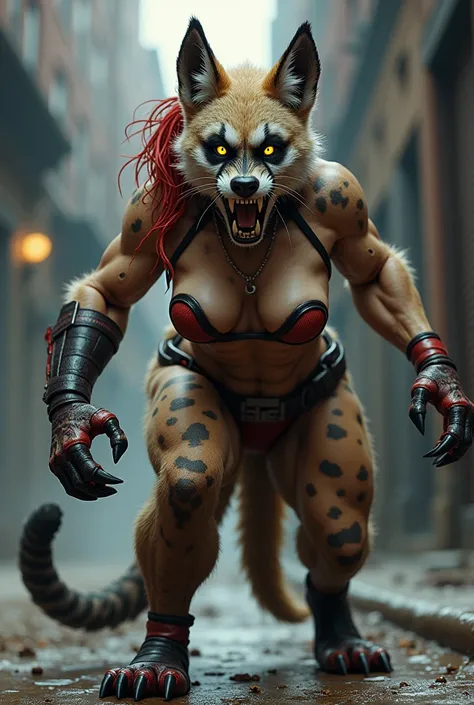 Harley Quinn in the style of a werehyena. breasts, large breasts