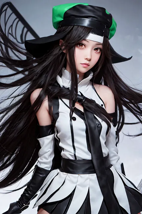 anime girl with long black hair and eyes wearing a black hat,  anime style character ,  realistic anime art style, akali,  semi-...