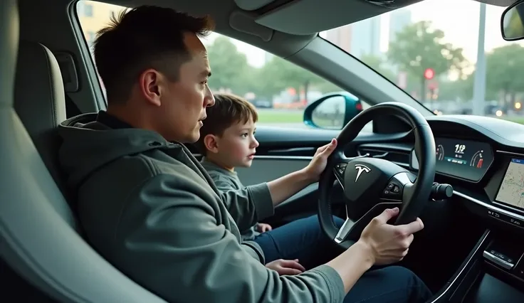 elon musk in car and boy say please stop