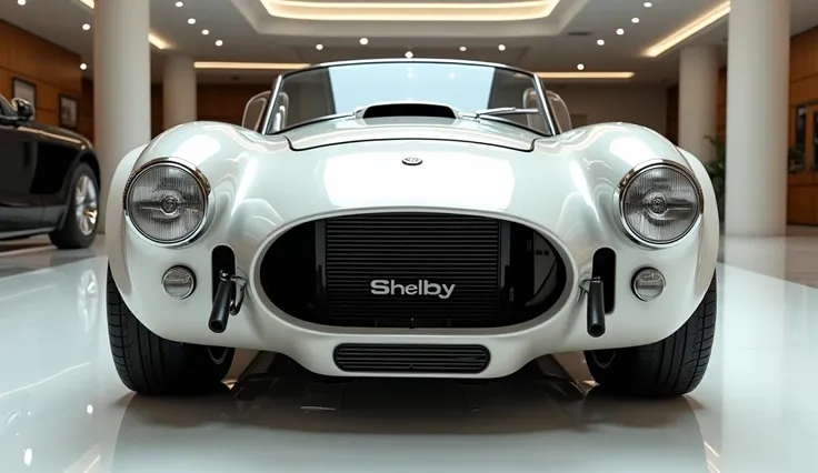 Close front view view of painted white  with shiny clour 1970 Shelby  Cobra 427 sleek in large shape sedan in large size with Shelby  logo on its large detailed grille in shiny white clour with angular sporty design captured from close front view view with...