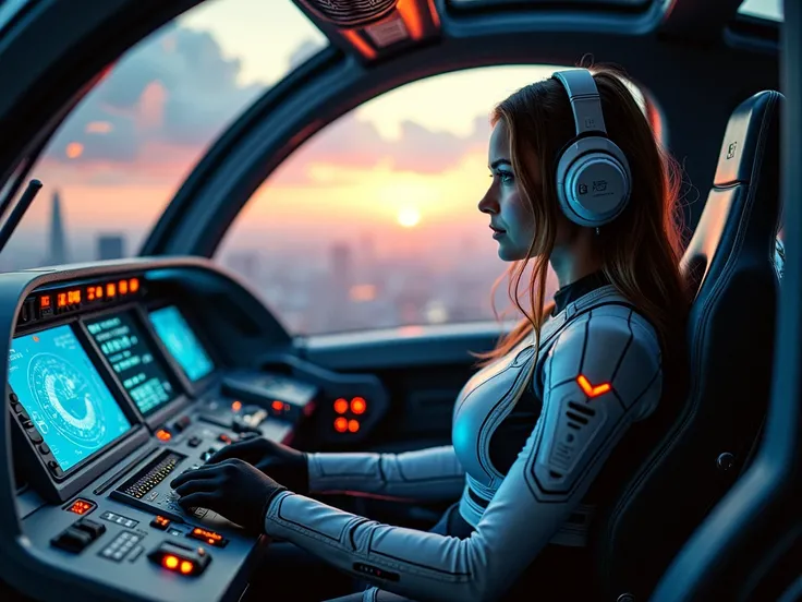 Inside a futuristic fighter jet cockpit, filled with advanced technology and glowing holographic displays. The control panel is sleek and complex, featuring touchscreens, levers, and neon-lit indicators in blue and orange hues. The interior is spacious yet...