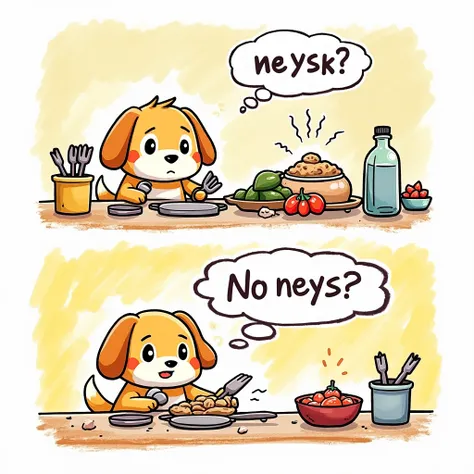 Chibi Style, drawn with crayons, Two-panel comic strip, A dog that cooks while thinking about neys,Im worried ,