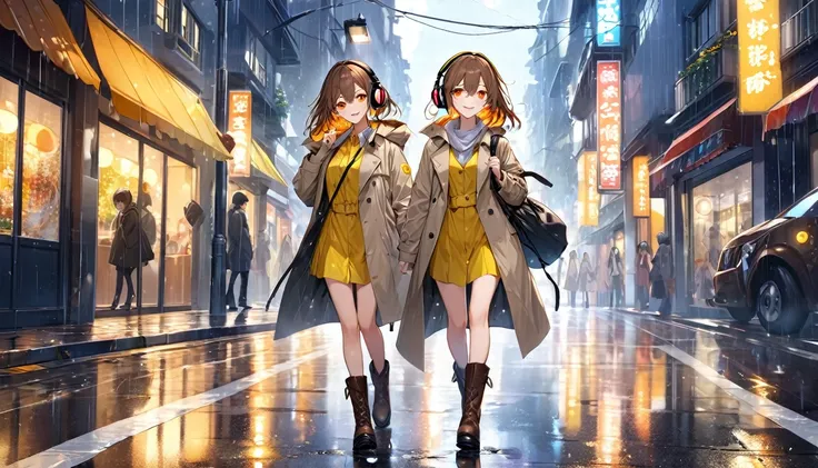 background：Street after the rain 、 trench coat and boots {x} streetlights reflected on the road surface and colorful umbrellas々。  
expression： fresh smile 。  
Costume： walking down the street after the rain 。  
 pose： walking lightly 、 walking lightly 。  
...