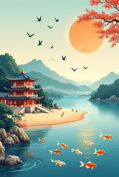 A traditional Chinese style artistic painting of blue sky, beach, mountain, ocean, rising sun, flying birds, gold fish and chinese style building drawn in great details.