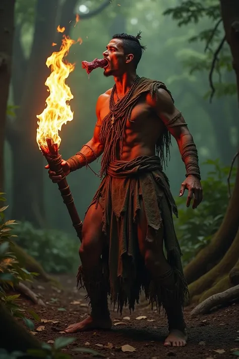 Ronaldo wears ancient clothes and eats raw meat in the middle of the forest with a burning torch