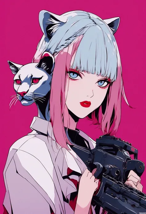  Pink Panther ,  light blue hair ,  girl,( Chainsaw Man ), Crimson Eyes. Dark red lips,  red eyeshadow, バブルガムを食べる Pink Panther ,