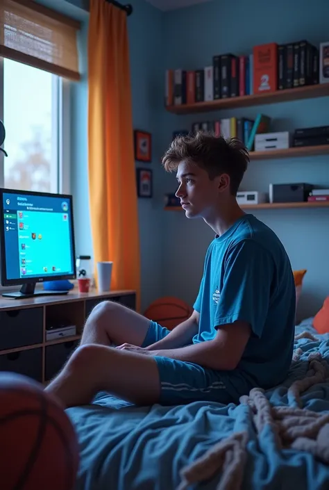 Je vais créer une image qui correspond à un adolescent de 15 ans, en tenant compte de tes préférences et de ton style : sportif et confortable, avec des couleurs noir et bleu, dans une ambiance sombre mais chaleureuse, reflétant tes passions (basket, jeux ...