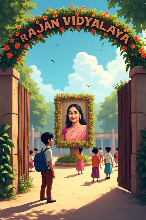 10. "Sunita’s Legacy"

A large school campus bustling with ren studying and playing. At the entrance gate, a signboard reads "Rajan Vidyalaya". A large portrait of Sunita adorned with flowers is displayed, while Mohit stands nearby, smiling at the students...