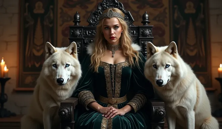 Photorealistic image of Elizabeth of France, Queen of England (The She-Wolf of France), age 25, seated on a majestic medieval throne in the 14th century. The throne room is dimly lit by flickering torches, casting eerie shadows that stretch across the ston...