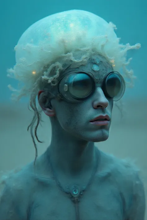 Ethereal cyborg man, bioluminescent jellyfish headdress. Steampunk goggles blend with translucent tentacles. Cracked porcelain skin meets iridescent scales. Mechanical implants and delicate tendrils intertwine. Human features with otherworldly glow. Dreamy...