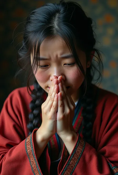  The image of a person ,  who had his fingers pressed to his mouth and looked upset. His face regrets ,  might be added a tear or a lowered look .
His clothes should be Kyrgyz folk clothes