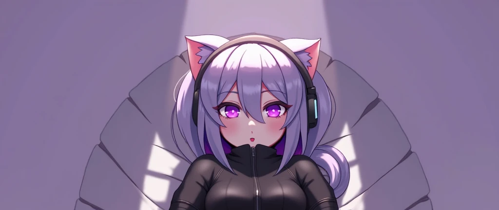 cat ears, Purple hair, Black clothes,  headset ,  purple eyes , Lying in bed at home