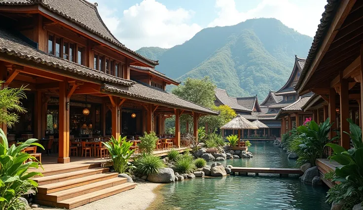  Southeast Asian Timber Structure Building Complex， Thai-style Curved Slope Roof ，Shanjiao Shopping Street Building ，Wooden steps，Casual dining，Atmospheric bar，thatched parasol，Fall，Tea mountain in the background，Plants of Southeast Asia