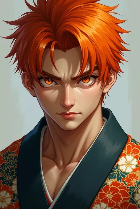 asian boy, muscular face, orange eye color, orange hair,and kimoni  