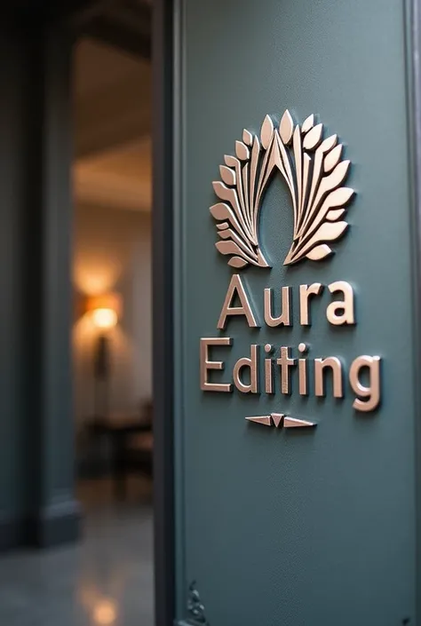 An image that is a sign for a company and a slogan. There is writing "Aura Editing" under the logo. The writing is in silver metallic color. The final result is elegant.