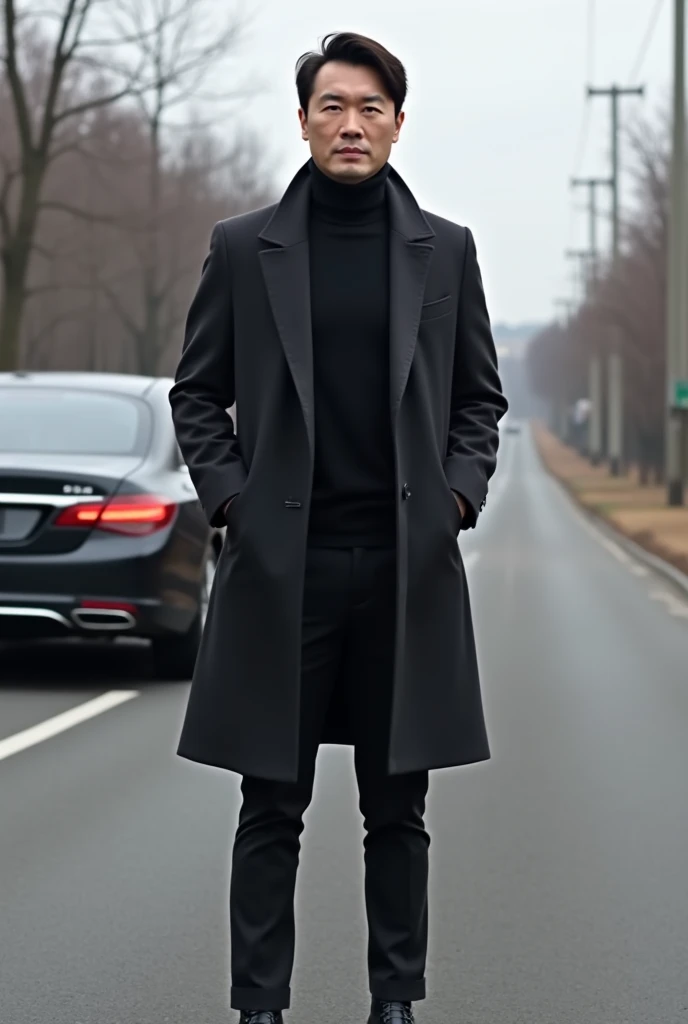 (realism:1.2),  Handsome CEO standing on a road in Korea,  wearing a nice long coat and pants ，The background is a car  

