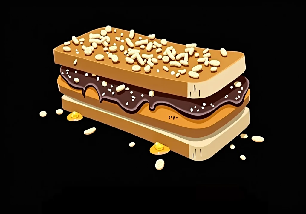 Make me an animated logo of a rectangular toast with chocolate spread and grated cheese on top