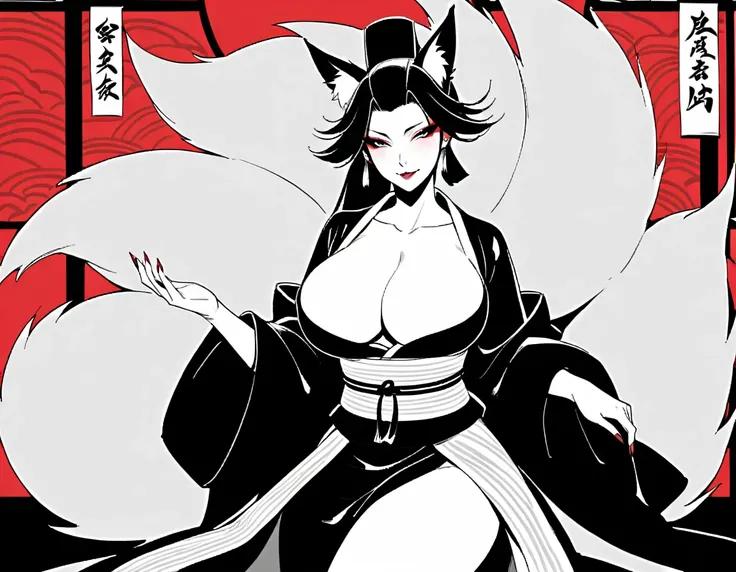 Japanese horror, monochrome, grayscale, monster fox, demon fox, fox monster, female fox transformation that consumes and kills men, shiny eyeshadow on upper eyelids, half-closed eyes, Heian aristocrat, 1 mature woman, peerless beauty, solo, 35 years old, o...