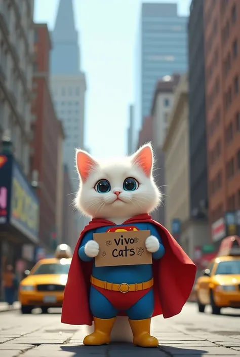 Superman cute white Cat is standing on New York Street and holding a piece of paper that says "Vivo Cats". Subscribe 