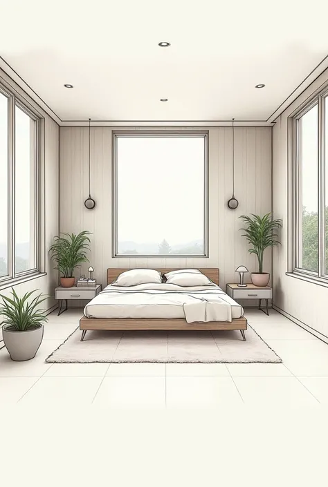 Sketch of a perspective at a vanishing point of a room ,  with a bed in the center with two bedside tables on each side of the bed and two windows on each side of the room in a modern minimalist style, plants, lamps, cushions, and textures, 4.00m long , 4....