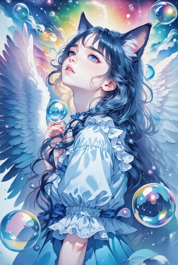 super high resolution, angel, poet, cat ears, highlights, look up, colorful bubbles, monet style, broken dreams, long hair, goth...