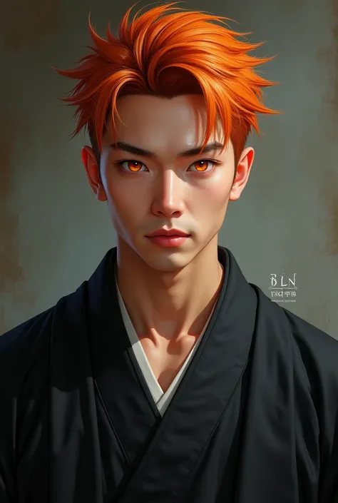 asian boy, muscular face, orange eye color, orange irregular hair,and kimoni black , realistic , handsome boy,real detailed 