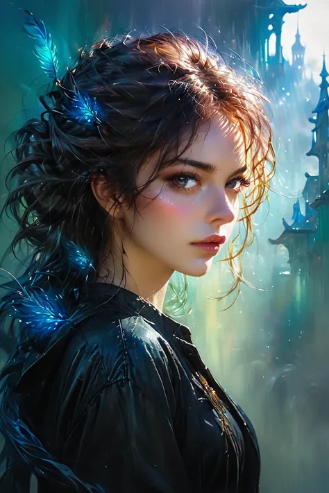 A mesmerizing digital painting captures the essence of an ethereal female rogue thief resembling harmony, perfection, proportion, symmetry , wearing black sculpted leather jeans, fantasy artists interpretation akin to the ethereal visions of Boris Vallejo,...