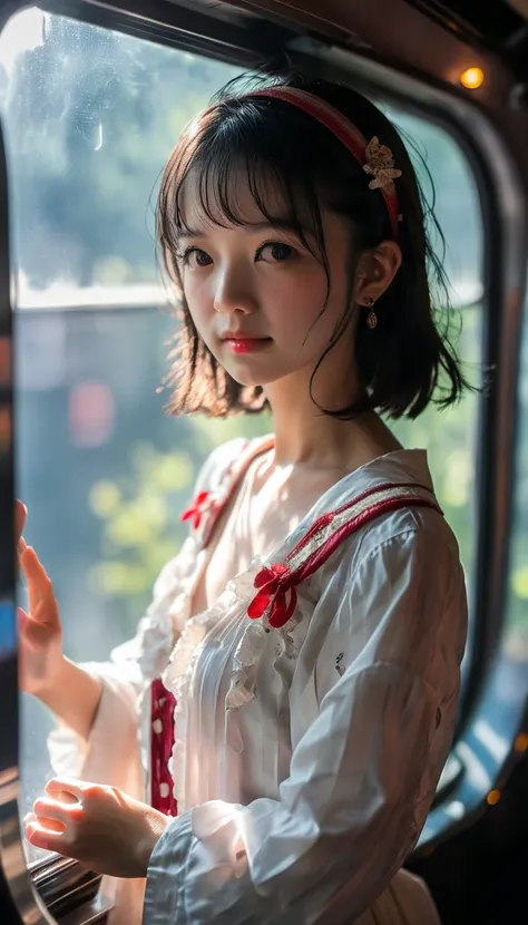 Scene:
A hyperrealistic photograph of a girl on a train looks at the view outside the window.

Main Subject:
　Person:
　1 girl, random face of a young Japanese High school girl aged 14, flat chest, skinny body, constricted waist, cute, kawaii, black hair, d...