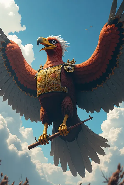 I want there to be a very large Garuda bird carrying a weapon and wearing an indonesian army vest as well as an indonesian army complete attribute